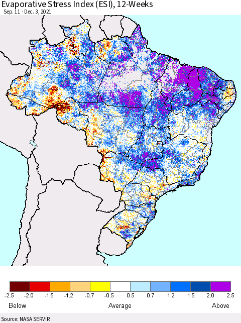 Brazil Evaporative Stress Index (ESI), 12-Weeks Thematic Map For 11/29/2021 - 12/5/2021