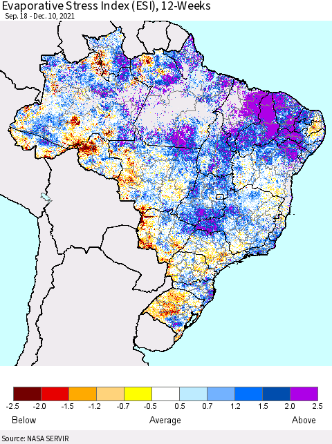 Brazil Evaporative Stress Index (ESI), 12-Weeks Thematic Map For 12/6/2021 - 12/12/2021