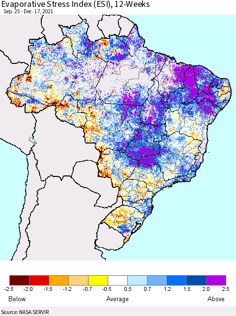 Brazil Evaporative Stress Index (ESI), 12-Weeks Thematic Map For 12/13/2021 - 12/19/2021