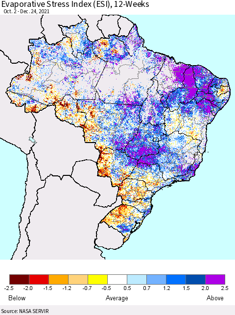 Brazil Evaporative Stress Index (ESI), 12-Weeks Thematic Map For 12/20/2021 - 12/26/2021