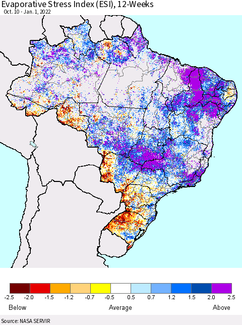 Brazil Evaporative Stress Index (ESI), 12-Weeks Thematic Map For 12/27/2021 - 1/2/2022