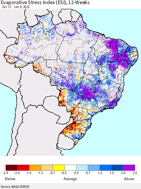 Brazil Evaporative Stress Index (ESI), 12-Weeks Thematic Map For 1/3/2022 - 1/9/2022