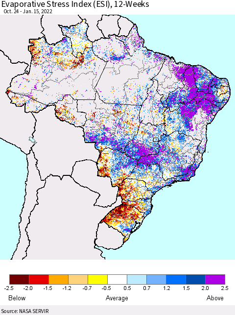 Brazil Evaporative Stress Index (ESI), 12-Weeks Thematic Map For 1/10/2022 - 1/16/2022