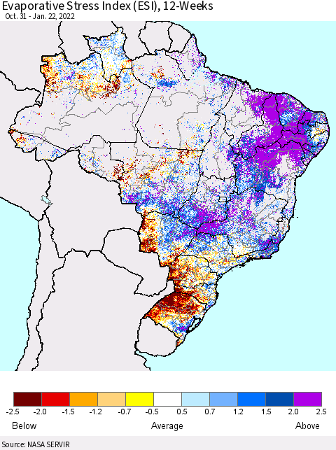 Brazil Evaporative Stress Index (ESI), 12-Weeks Thematic Map For 1/17/2022 - 1/23/2022