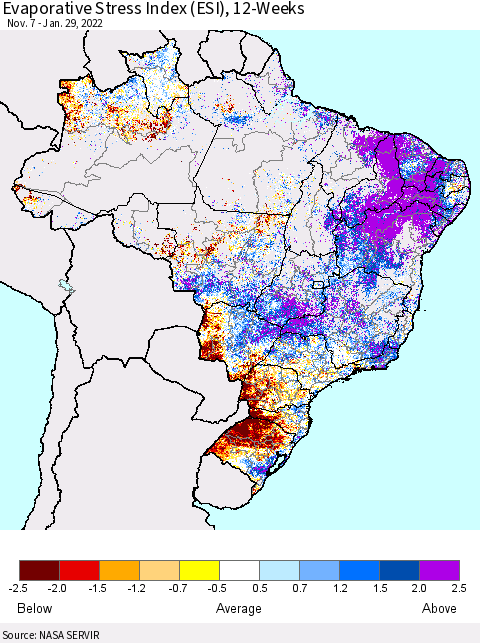 Brazil Evaporative Stress Index (ESI), 12-Weeks Thematic Map For 1/24/2022 - 1/30/2022