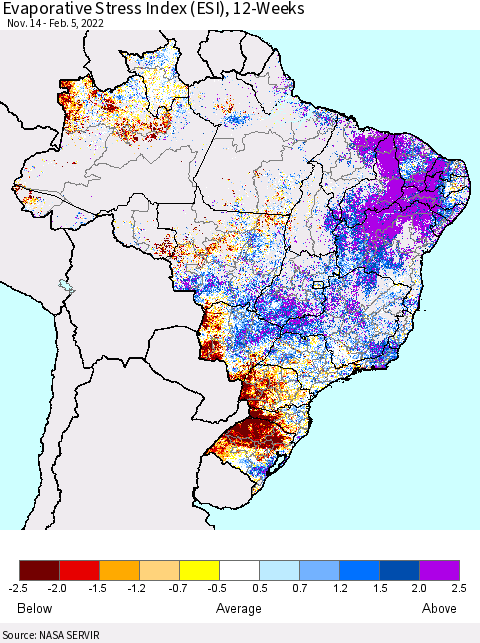 Brazil Evaporative Stress Index (ESI), 12-Weeks Thematic Map For 1/31/2022 - 2/6/2022