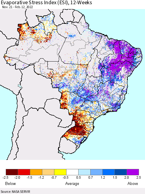 Brazil Evaporative Stress Index (ESI), 12-Weeks Thematic Map For 2/7/2022 - 2/13/2022