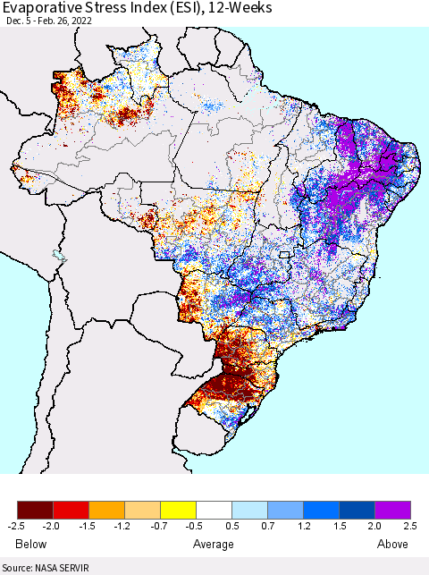 Brazil Evaporative Stress Index (ESI), 12-Weeks Thematic Map For 2/21/2022 - 2/27/2022