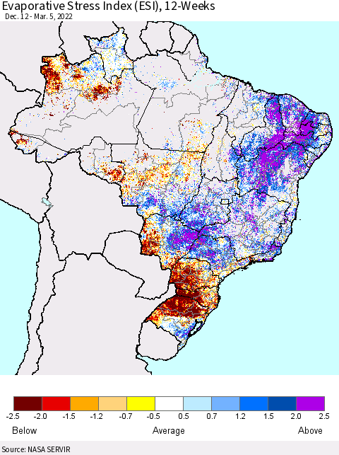 Brazil Evaporative Stress Index (ESI), 12-Weeks Thematic Map For 2/28/2022 - 3/6/2022