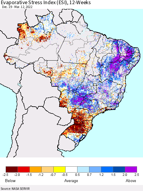 Brazil Evaporative Stress Index (ESI), 12-Weeks Thematic Map For 3/7/2022 - 3/13/2022
