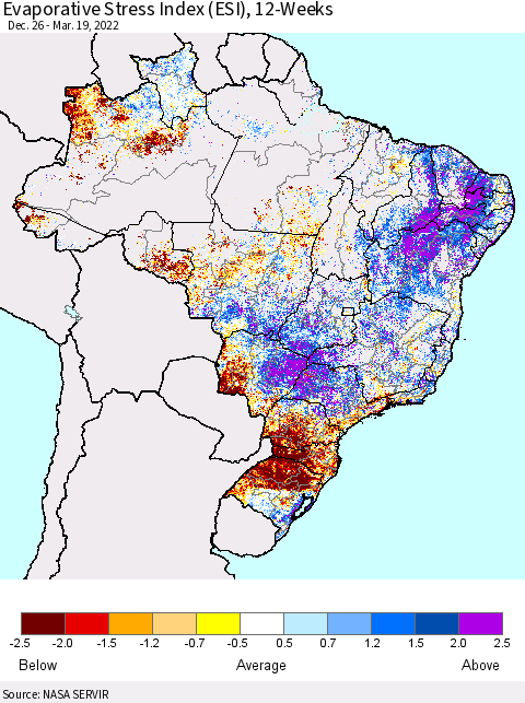 Brazil Evaporative Stress Index (ESI), 12-Weeks Thematic Map For 3/14/2022 - 3/20/2022