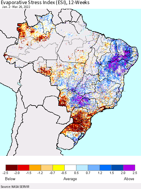 Brazil Evaporative Stress Index (ESI), 12-Weeks Thematic Map For 3/21/2022 - 3/27/2022