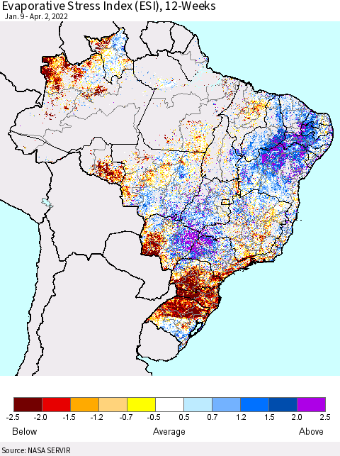 Brazil Evaporative Stress Index (ESI), 12-Weeks Thematic Map For 3/28/2022 - 4/3/2022