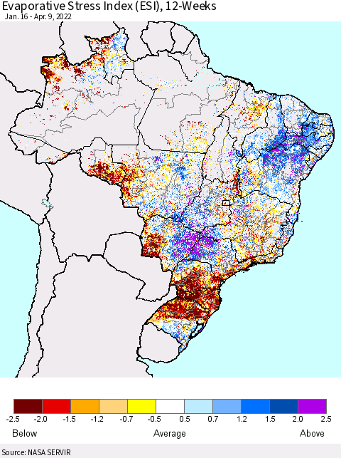 Brazil Evaporative Stress Index (ESI), 12-Weeks Thematic Map For 4/4/2022 - 4/10/2022