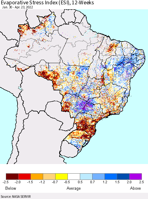 Brazil Evaporative Stress Index (ESI), 12-Weeks Thematic Map For 4/18/2022 - 4/24/2022