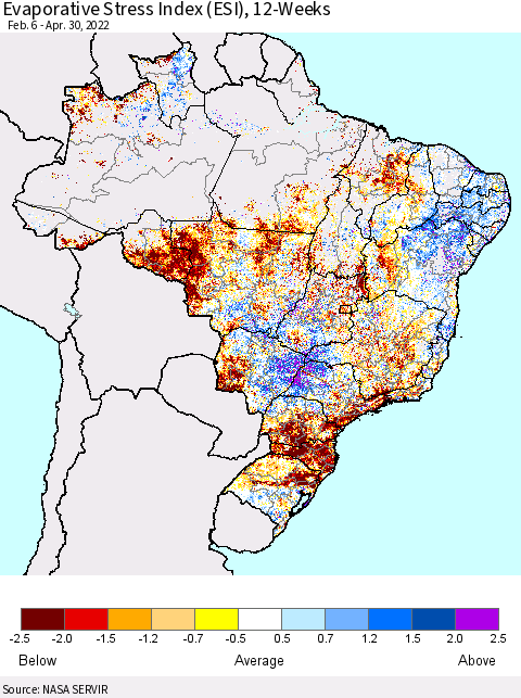Brazil Evaporative Stress Index (ESI), 12-Weeks Thematic Map For 4/25/2022 - 5/1/2022