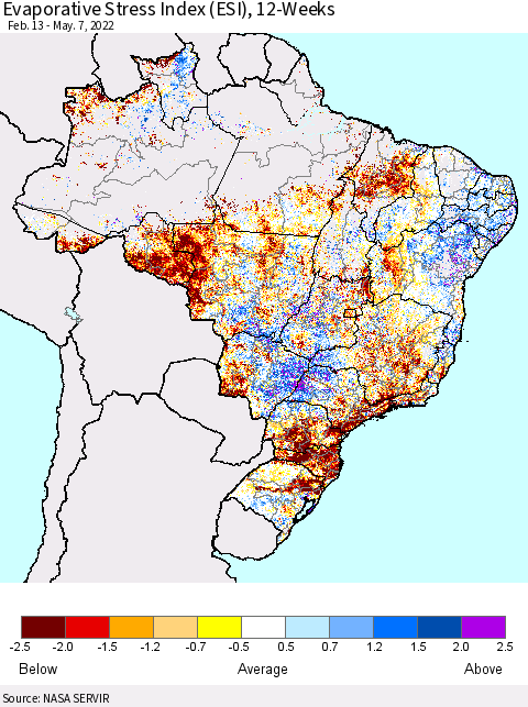 Brazil Evaporative Stress Index (ESI), 12-Weeks Thematic Map For 5/2/2022 - 5/8/2022