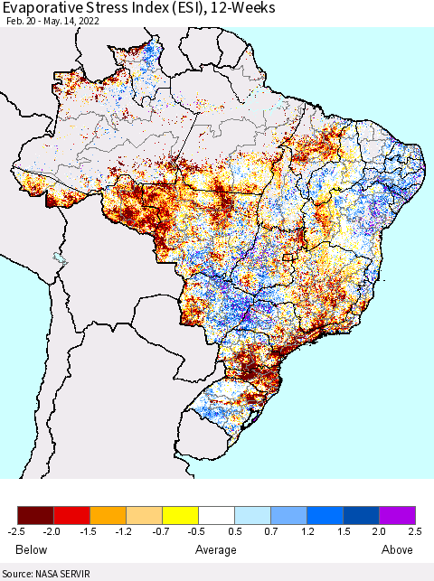 Brazil Evaporative Stress Index (ESI), 12-Weeks Thematic Map For 5/9/2022 - 5/15/2022