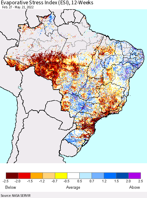 Brazil Evaporative Stress Index (ESI), 12-Weeks Thematic Map For 5/16/2022 - 5/22/2022