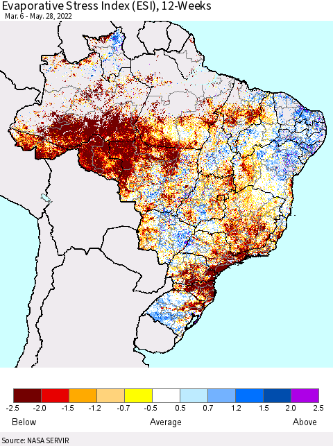 Brazil Evaporative Stress Index (ESI), 12-Weeks Thematic Map For 5/23/2022 - 5/29/2022