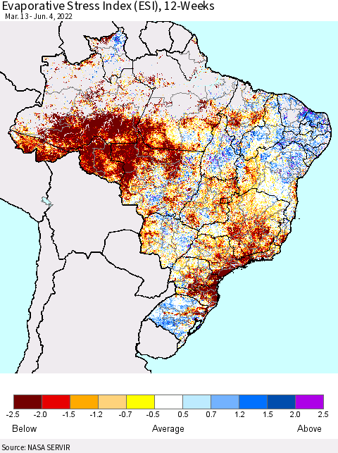 Brazil Evaporative Stress Index (ESI), 12-Weeks Thematic Map For 5/30/2022 - 6/5/2022