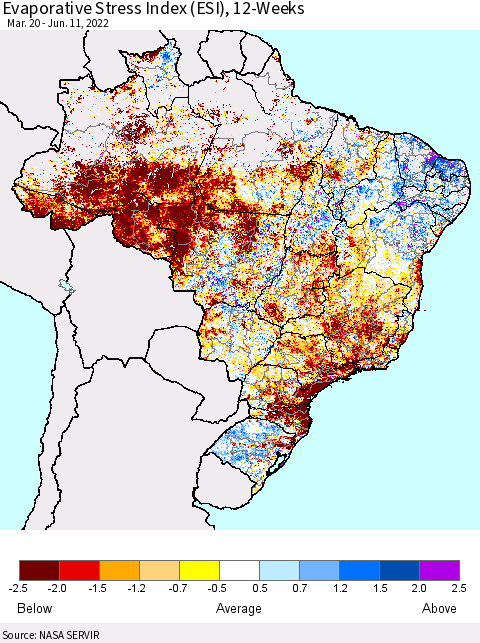 Brazil Evaporative Stress Index (ESI), 12-Weeks Thematic Map For 6/6/2022 - 6/12/2022