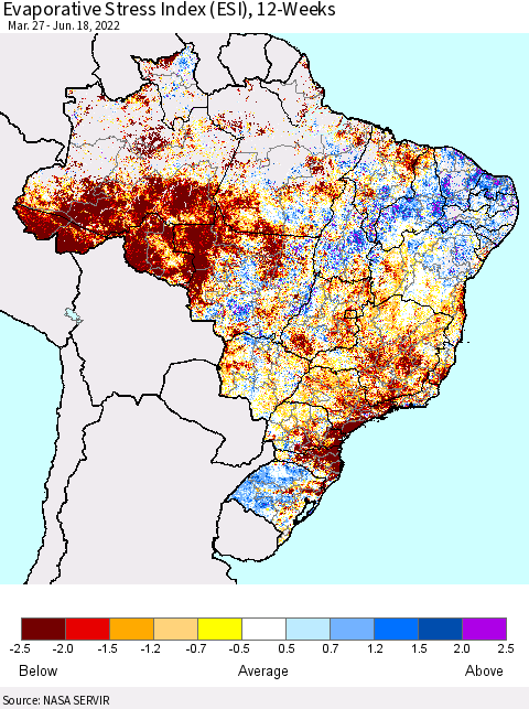 Brazil Evaporative Stress Index (ESI), 12-Weeks Thematic Map For 6/13/2022 - 6/19/2022
