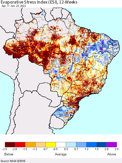 Brazil Evaporative Stress Index (ESI), 12-Weeks Thematic Map For 6/20/2022 - 6/26/2022