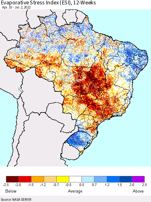 Brazil Evaporative Stress Index (ESI), 12-Weeks Thematic Map For 6/27/2022 - 7/3/2022