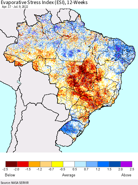 Brazil Evaporative Stress Index (ESI), 12-Weeks Thematic Map For 7/4/2022 - 7/10/2022