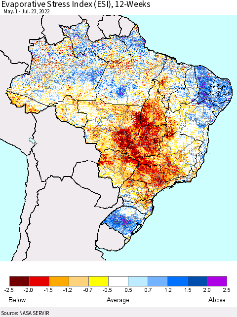 Brazil Evaporative Stress Index (ESI), 12-Weeks Thematic Map For 7/18/2022 - 7/24/2022