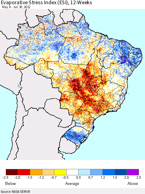 Brazil Evaporative Stress Index (ESI), 12-Weeks Thematic Map For 7/25/2022 - 7/31/2022