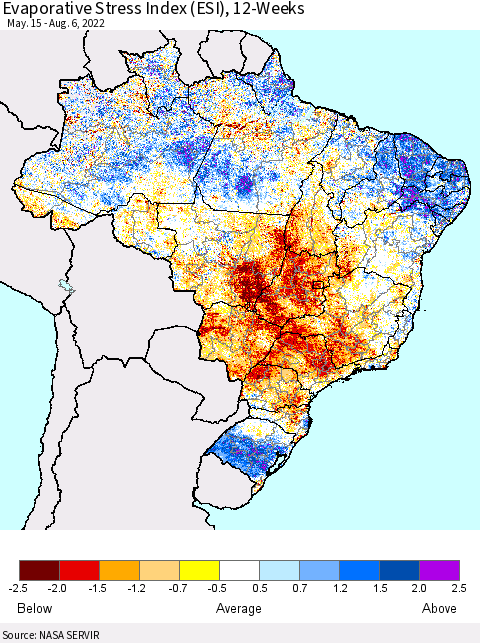 Brazil Evaporative Stress Index (ESI), 12-Weeks Thematic Map For 8/1/2022 - 8/7/2022