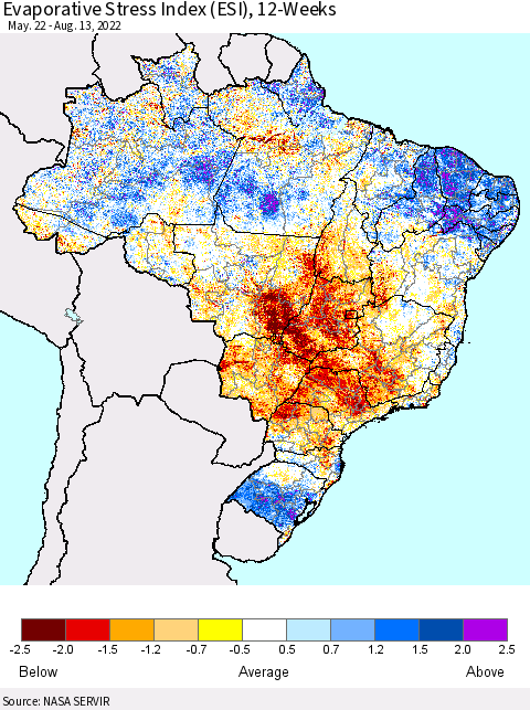 Brazil Evaporative Stress Index (ESI), 12-Weeks Thematic Map For 8/8/2022 - 8/14/2022