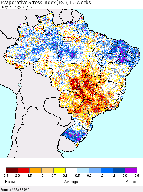 Brazil Evaporative Stress Index (ESI), 12-Weeks Thematic Map For 8/15/2022 - 8/21/2022