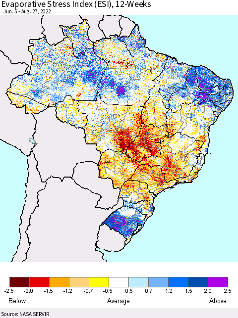 Brazil Evaporative Stress Index (ESI), 12-Weeks Thematic Map For 8/22/2022 - 8/28/2022