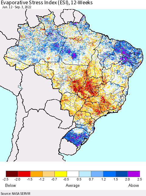 Brazil Evaporative Stress Index (ESI), 12-Weeks Thematic Map For 8/29/2022 - 9/4/2022