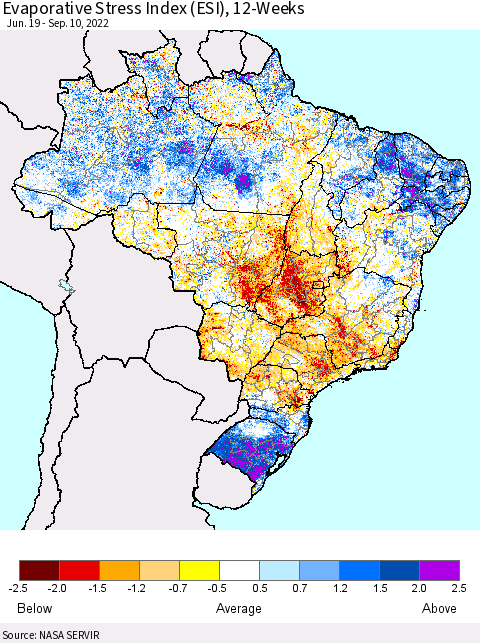 Brazil Evaporative Stress Index (ESI), 12-Weeks Thematic Map For 9/5/2022 - 9/11/2022
