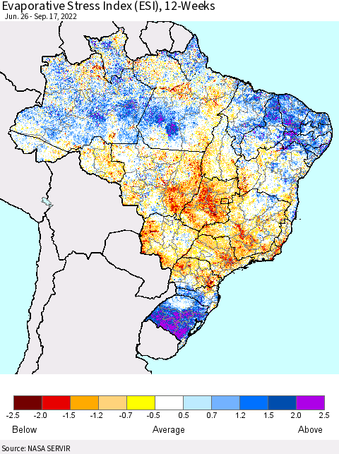 Brazil Evaporative Stress Index (ESI), 12-Weeks Thematic Map For 9/12/2022 - 9/18/2022