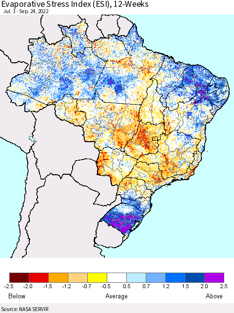 Brazil Evaporative Stress Index (ESI), 12-Weeks Thematic Map For 9/19/2022 - 9/25/2022