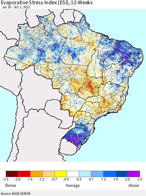 Brazil Evaporative Stress Index (ESI), 12-Weeks Thematic Map For 9/26/2022 - 10/2/2022