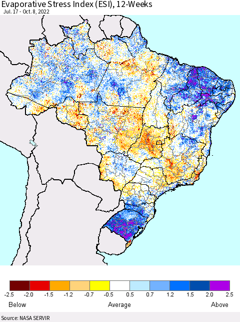 Brazil Evaporative Stress Index (ESI), 12-Weeks Thematic Map For 10/3/2022 - 10/9/2022