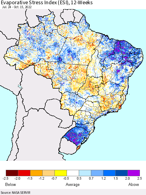 Brazil Evaporative Stress Index (ESI), 12-Weeks Thematic Map For 10/10/2022 - 10/16/2022
