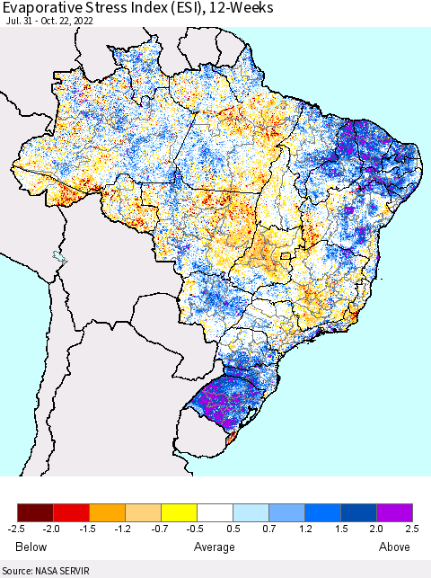 Brazil Evaporative Stress Index (ESI), 12-Weeks Thematic Map For 10/17/2022 - 10/23/2022
