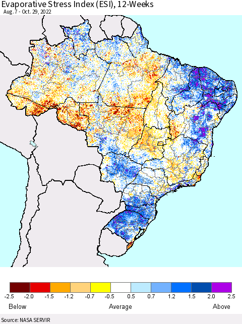 Brazil Evaporative Stress Index (ESI), 12-Weeks Thematic Map For 10/24/2022 - 10/30/2022