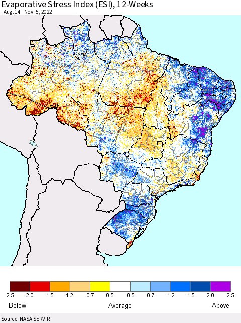 Brazil Evaporative Stress Index (ESI), 12-Weeks Thematic Map For 10/31/2022 - 11/6/2022