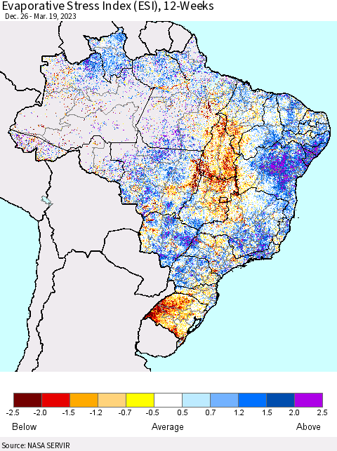Brazil Evaporative Stress Index (ESI), 12-Weeks Thematic Map For 3/13/2023 - 3/19/2023