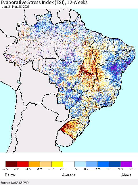 Brazil Evaporative Stress Index (ESI), 12-Weeks Thematic Map For 3/20/2023 - 3/26/2023
