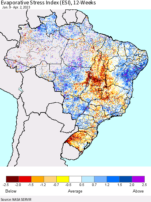 Brazil Evaporative Stress Index (ESI), 12-Weeks Thematic Map For 3/27/2023 - 4/2/2023
