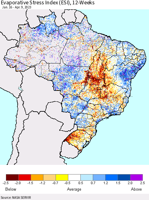 Brazil Evaporative Stress Index (ESI), 12-Weeks Thematic Map For 4/3/2023 - 4/9/2023